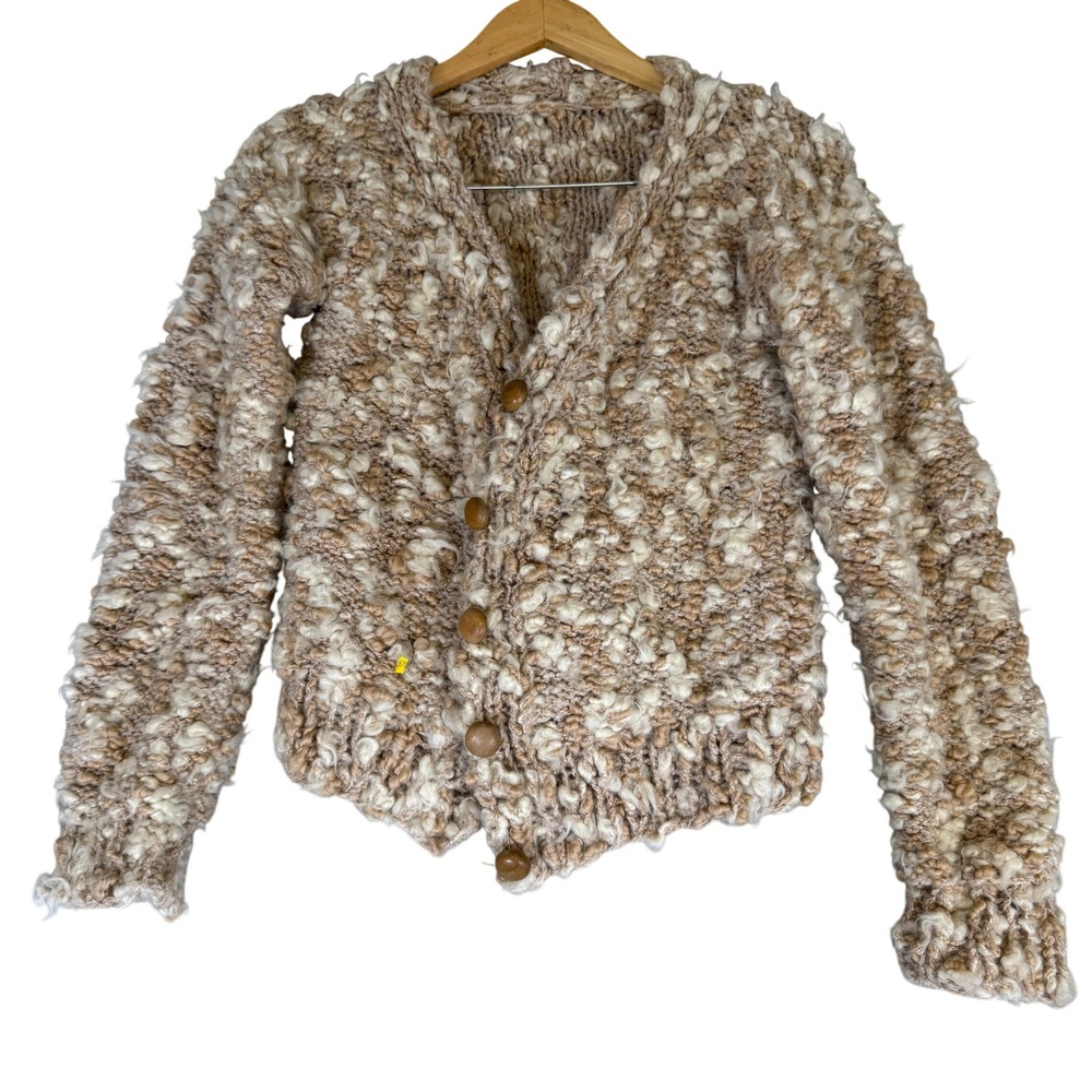 Handmade Chunky Popcorn Knit Cardigan Sweater Oatmeal Cream Wood Buttons Boho RD